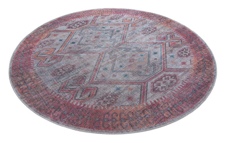 Washable Rust red and Beige 7' 10 x 7' 10 Sisu Round Area Rug Easy to Clean Stain Resistant & Durable Polyester Chenille Distressed Vintage Look Carpet for Sale at Rug Engine