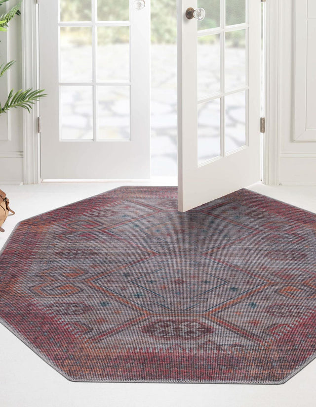 Washable Rust red and Beige 5' 3 x 5' 3 Sisu Octagon Area Rug Easy to Clean Stain Resistant & Durable Polyester Chenille Distressed Vintage Look Carpet for Sale at Rug Engine