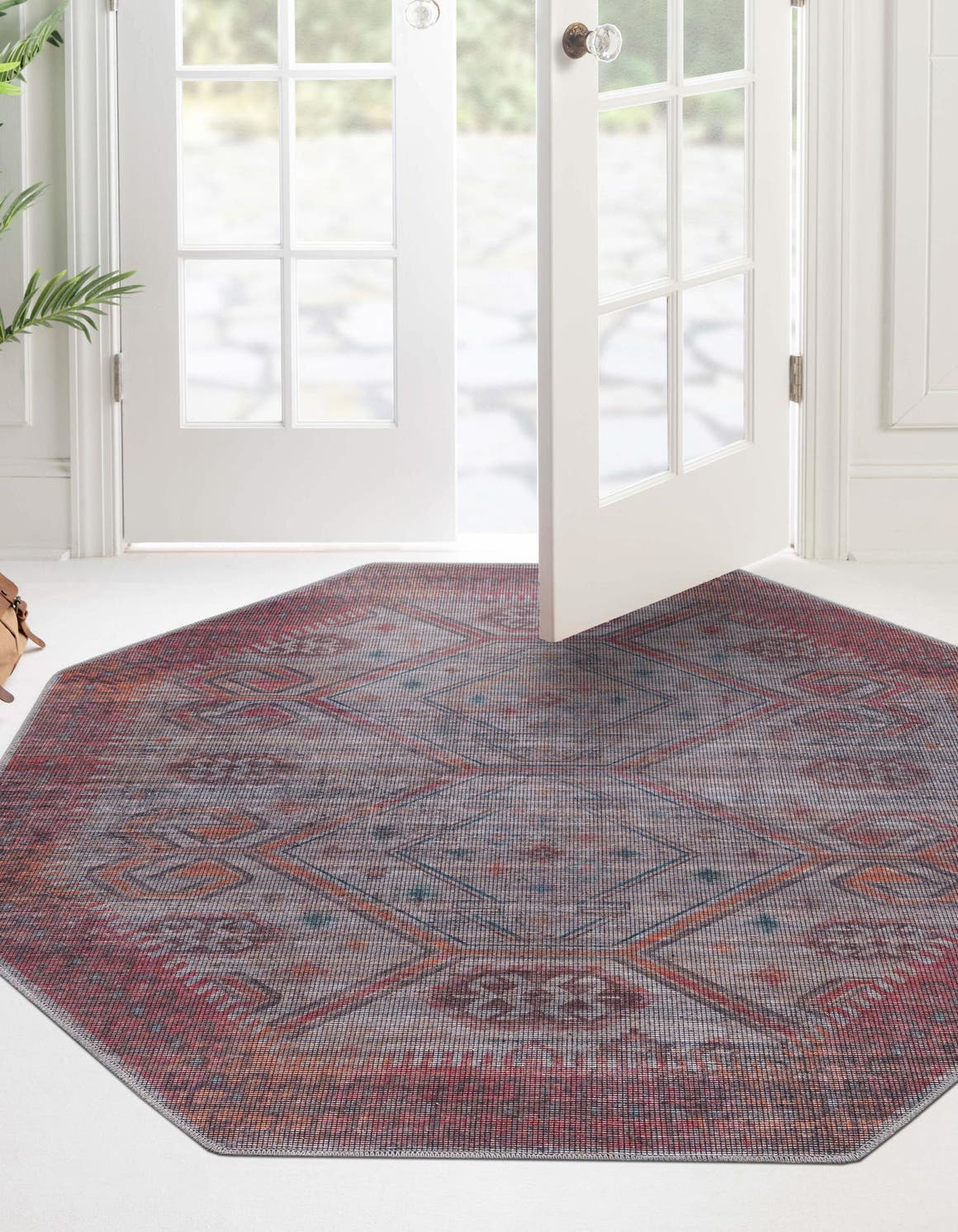 Washable Rust red and Beige 7' 10 x 7' 10 Sisu Octagon Area Rug Easy to Clean Stain Resistant & Durable Polyester Chenille Distressed Vintage Look Carpet for Sale at Rug Engine