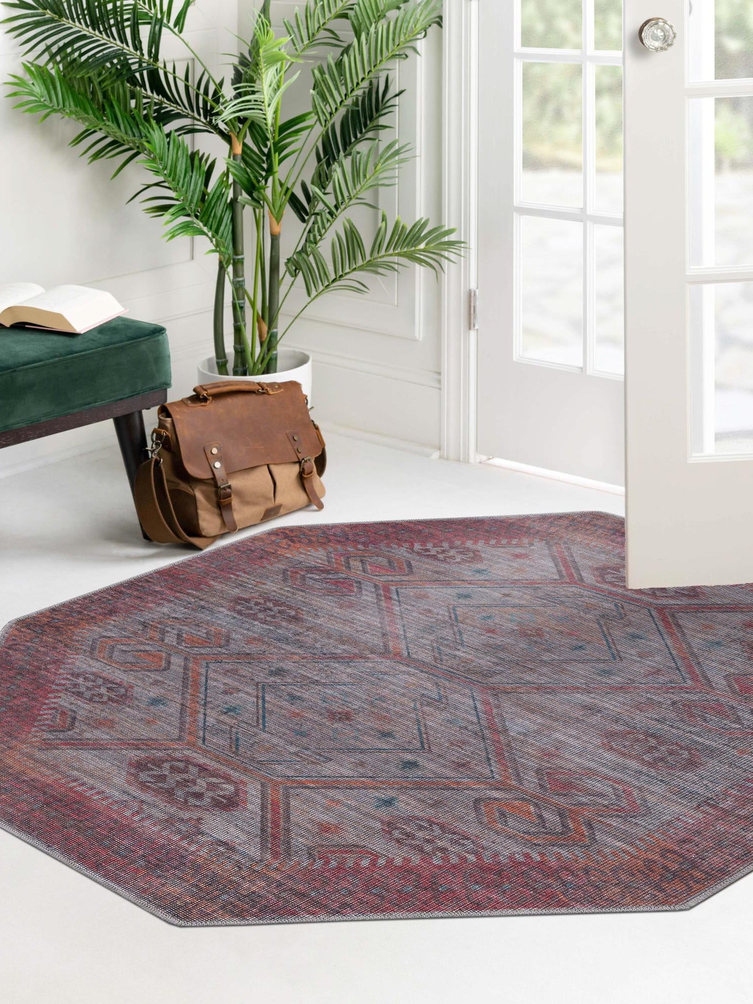 Washable Rust red and Beige 7' 10 x 7' 10 Sisu Octagon Area Rug Easy to Clean Stain Resistant & Durable Polyester Chenille Distressed Vintage Look Carpet for Sale at Rug Engine