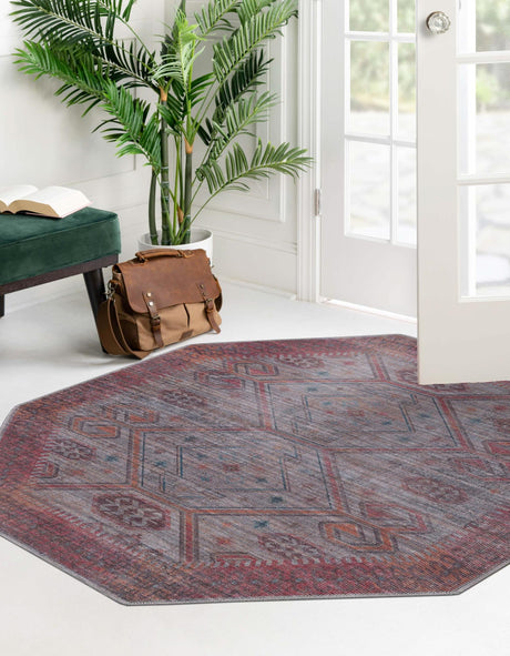 Washable Rust red and Beige 7' 10 x 7' 10 Sisu Octagon Area Rug Easy to Clean Stain Resistant & Durable Polyester Chenille Distressed Vintage Look Carpet for Sale at Rug Engine