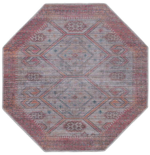 Washable Rust red and Beige 5' 3 x 5' 3 Sisu Octagon Area Rug Easy to Clean Stain Resistant & Durable Polyester Chenille Distressed Vintage Look Carpet for Sale at Rug Engine