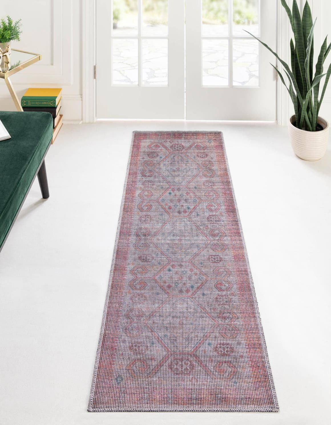 Washable Rust red and Beige 2' x 7' 10 Sisu Runner Area Rug Easy to Clean Stain Resistant & Durable Polyester Chenille Distressed Vintage Look Carpet for Sale at Rug Engine