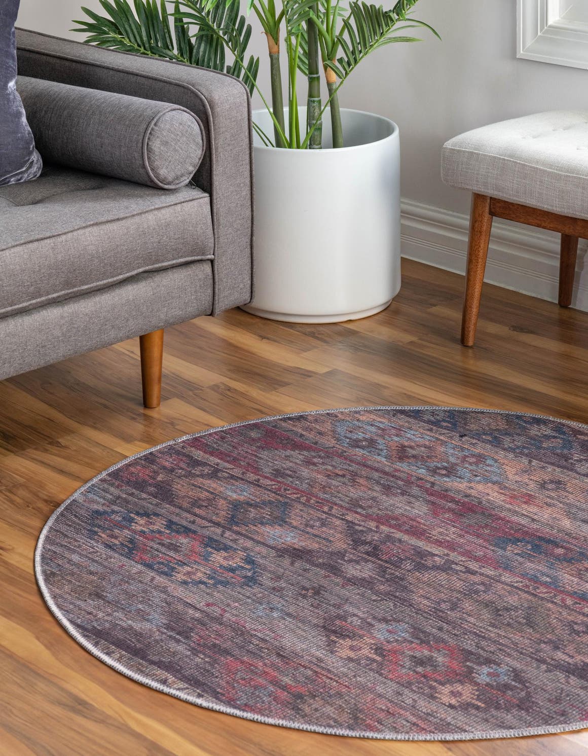 Washable Multicolor 7' 10 x 7' 10 Sisu Round Area Rug Easy to Clean Stain Resistant & Durable Polyester Chenille Distressed Vintage Look Carpet for Sale at Rug Engine