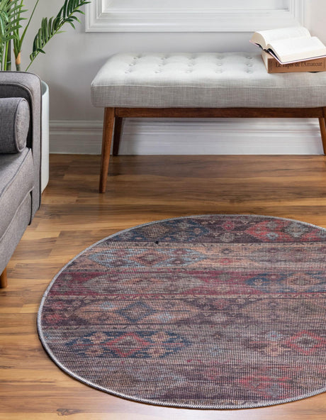 Washable Multicolor 3' 11 x 3' 11 Sisu Round Area Rug Easy to Clean Stain Resistant & Durable Polyester Chenille Distressed Vintage Look Carpet for Sale at Rug Engine