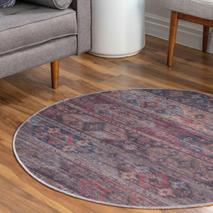 Washable Multicolor 7' 10 x 7' 10 Sisu Round Area Rug Easy to Clean Stain Resistant & Durable Polyester Chenille Distressed Vintage Look Carpet for Sale at Rug Engine