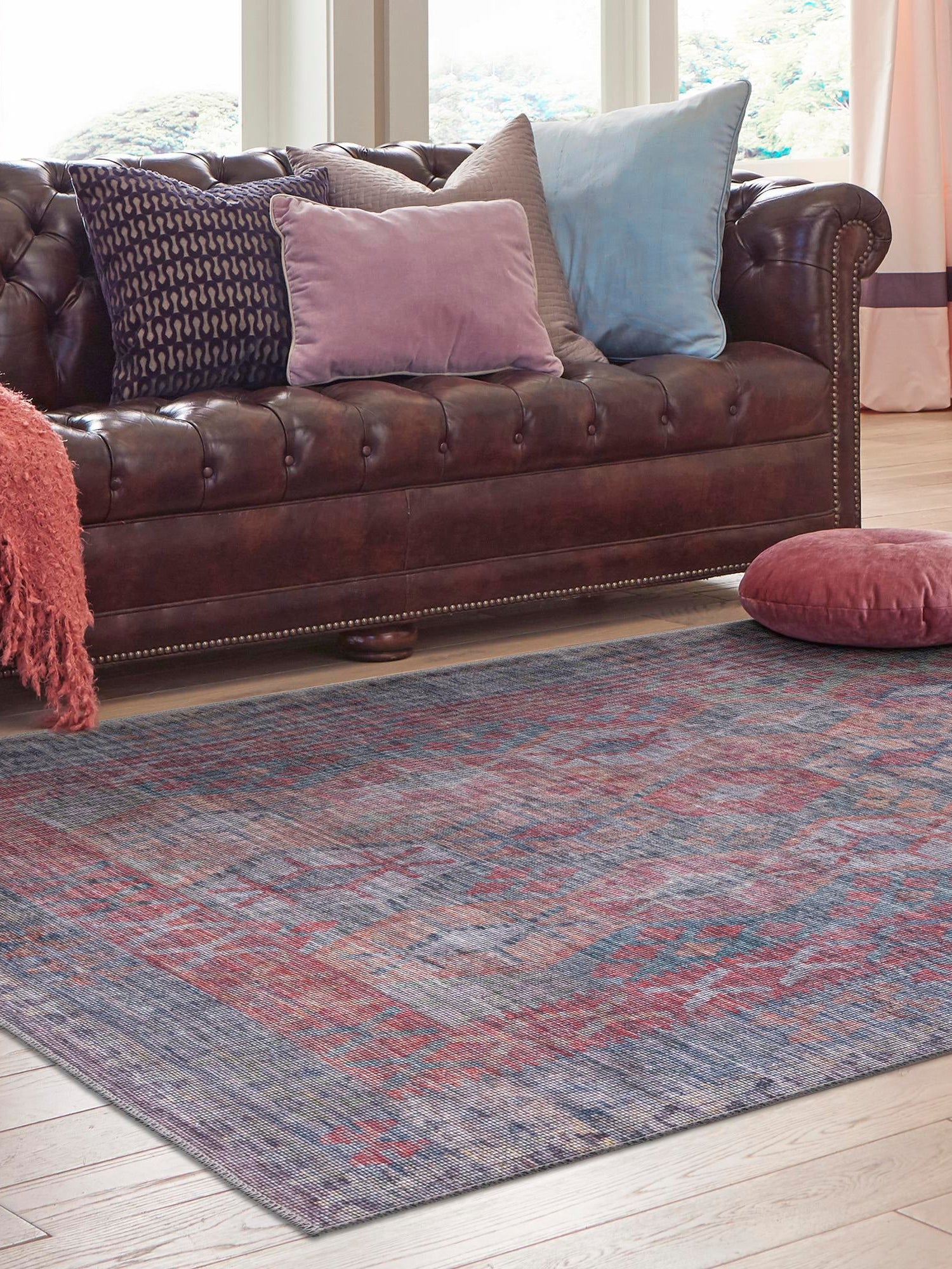 Washable Rust Blue 10' 6 x 13' Sisu Rectangle Area Rug Easy to Clean Stain Resistant & Durable Polyester Chenille Distressed Vintage Look Carpet for Sale at Rug Engine