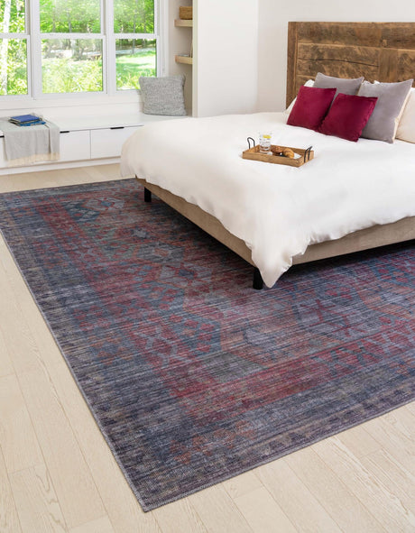 Washable Rust Blue 5' 3 x 8' Sisu Rectangle Area Rug Easy to Clean Stain Resistant & Durable Polyester Chenille Distressed Vintage Look Carpet for Sale at Rug Engine