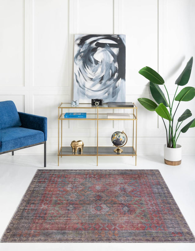 Washable Rust Blue 5' 3 x 5' 3 Sisu Square Area Rug Easy to Clean Stain Resistant & Durable Polyester Chenille Distressed Vintage Look Carpet for Sale at Rug Engine