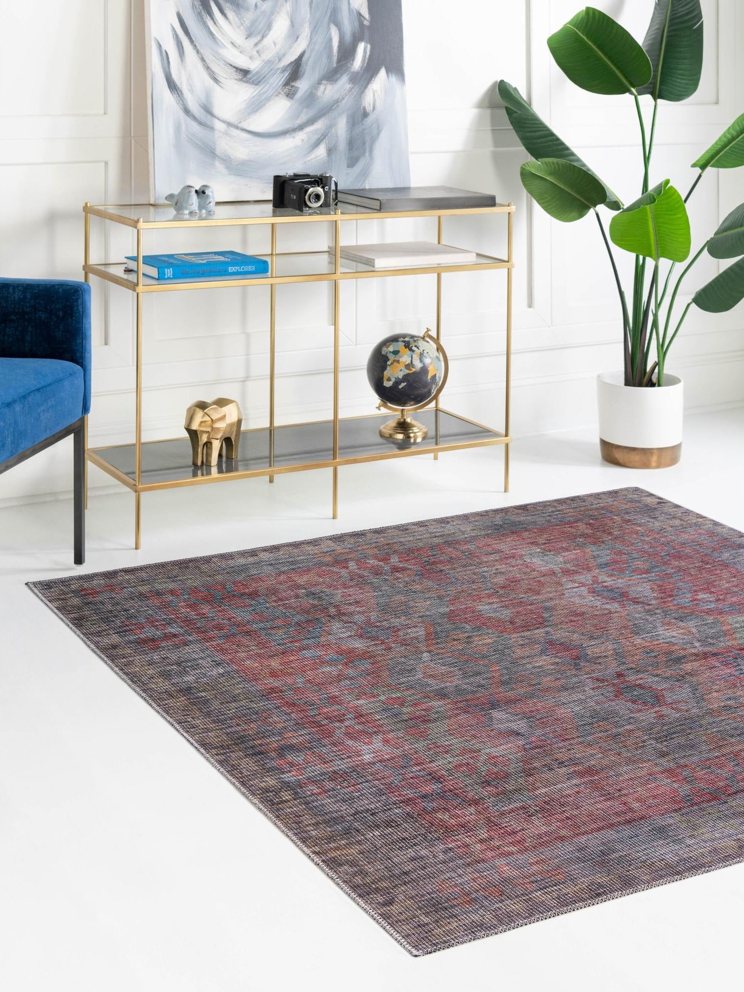 Washable Rust Blue 7' 10 x 7' 10 Sisu Square Area Rug Easy to Clean Stain Resistant & Durable Polyester Chenille Distressed Vintage Look Carpet for Sale at Rug Engine