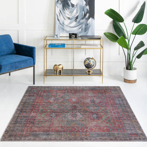 Washable Rust Blue 5' 3 x 5' 3 Sisu Square Area Rug Easy to Clean Stain Resistant & Durable Polyester Chenille Distressed Vintage Look Carpet for Sale at Rug Engine