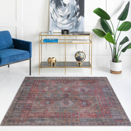 Washable Rust Blue 5' 3 x 5' 3 Sisu Square Area Rug Easy to Clean Stain Resistant & Durable Polyester Chenille Distressed Vintage Look Carpet for Sale at Rug Engine