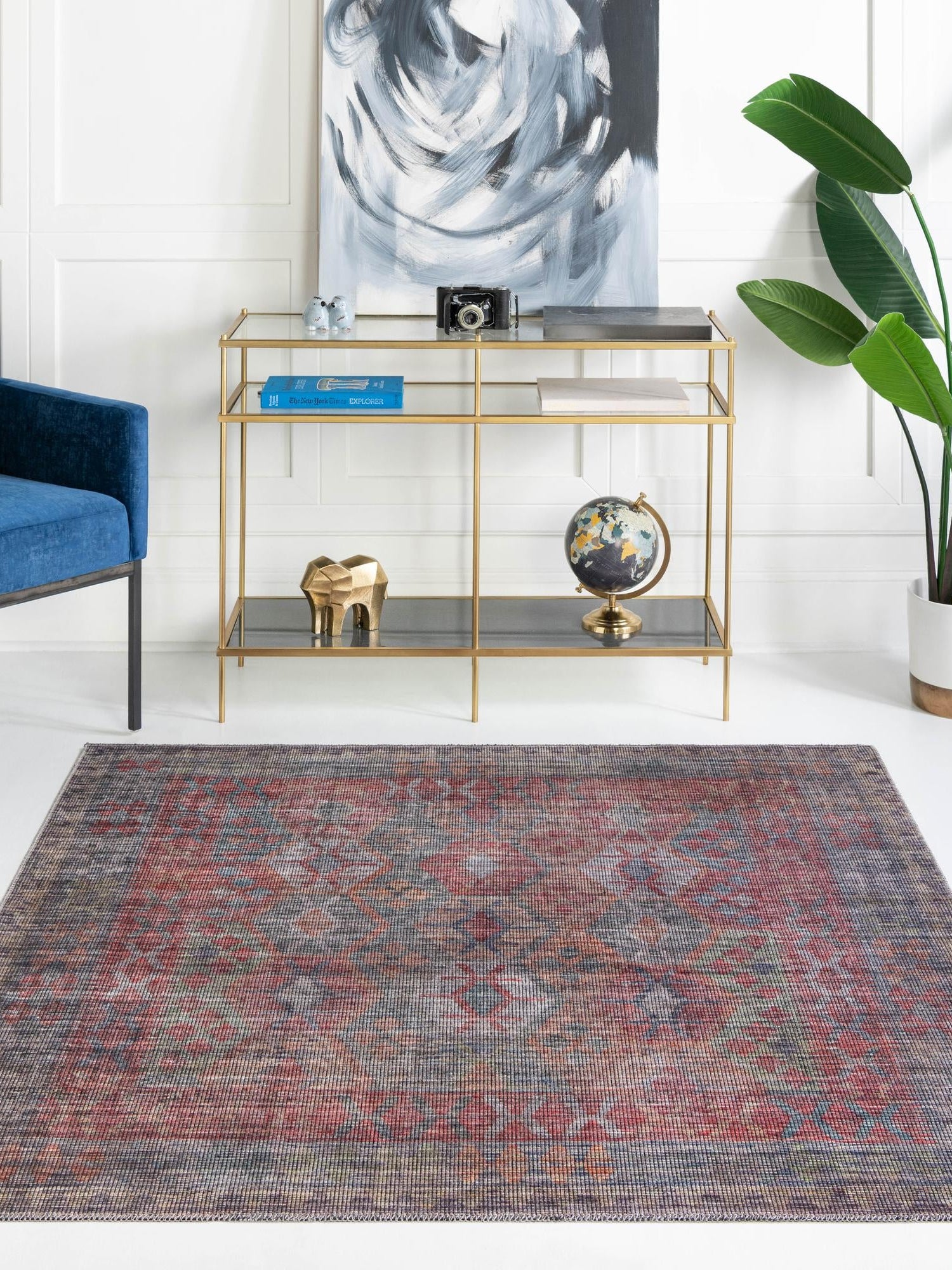 Washable Rust Blue 7' 3 x 7' 3 Sisu Square Area Rug Easy to Clean Stain Resistant & Durable Polyester Chenille Distressed Vintage Look Carpet for Sale at Rug Engine