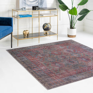 Washable Rust Blue 5' 3 x 5' 3 Sisu Square Area Rug Easy to Clean Stain Resistant & Durable Polyester Chenille Distressed Vintage Look Carpet for Sale at Rug Engine