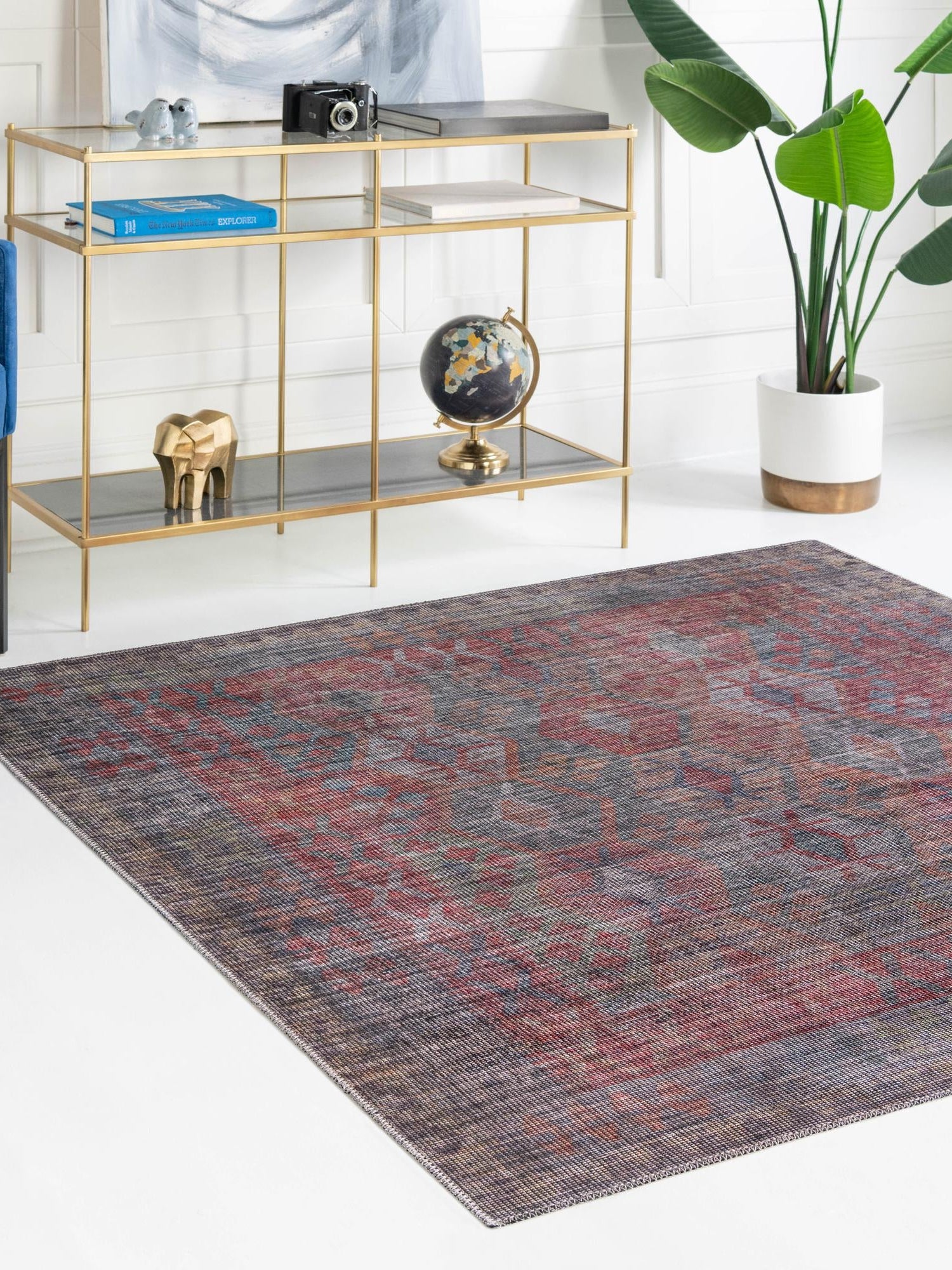 Washable Rust Blue 7' 10 x 7' 10 Sisu Square Area Rug Easy to Clean Stain Resistant & Durable Polyester Chenille Distressed Vintage Look Carpet for Sale at Rug Engine