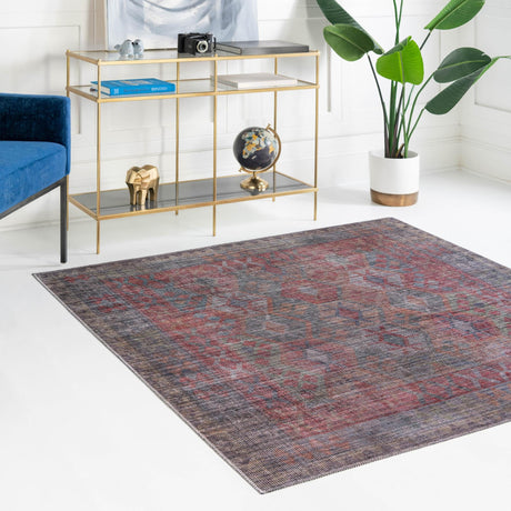Washable Rust Blue 7' 10 x 7' 10 Sisu Square Area Rug Easy to Clean Stain Resistant & Durable Polyester Chenille Distressed Vintage Look Carpet for Sale at Rug Engine