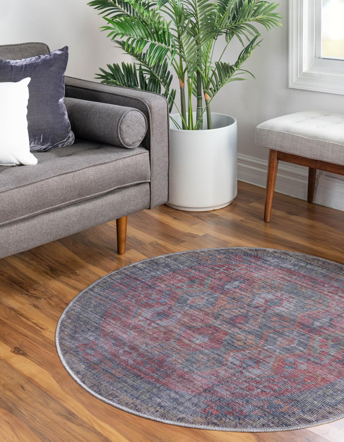 Washable Rust Blue 7' 10 x 7' 10 Sisu Round Area Rug Easy to Clean Stain Resistant & Durable Polyester Chenille Distressed Vintage Look Carpet for Sale at Rug Engine