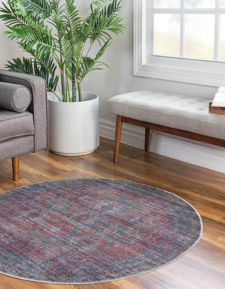 Washable Rust Blue 7' 10 x 7' 10 Sisu Round Area Rug Easy to Clean Stain Resistant & Durable Polyester Chenille Distressed Vintage Look Carpet for Sale at Rug Engine