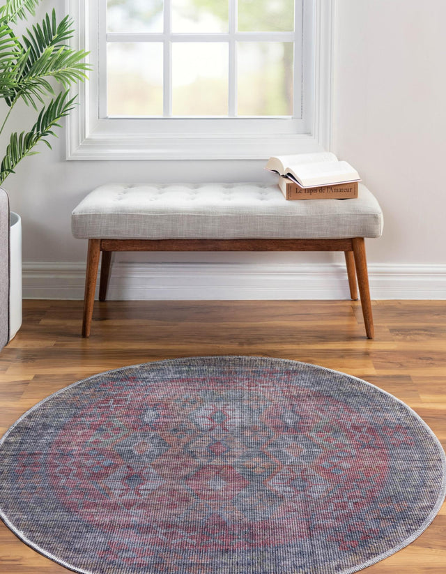 Washable Rust Blue 3' 11 x 3' 11 Sisu Round Area Rug Easy to Clean Stain Resistant & Durable Polyester Chenille Distressed Vintage Look Carpet for Sale at Rug Engine