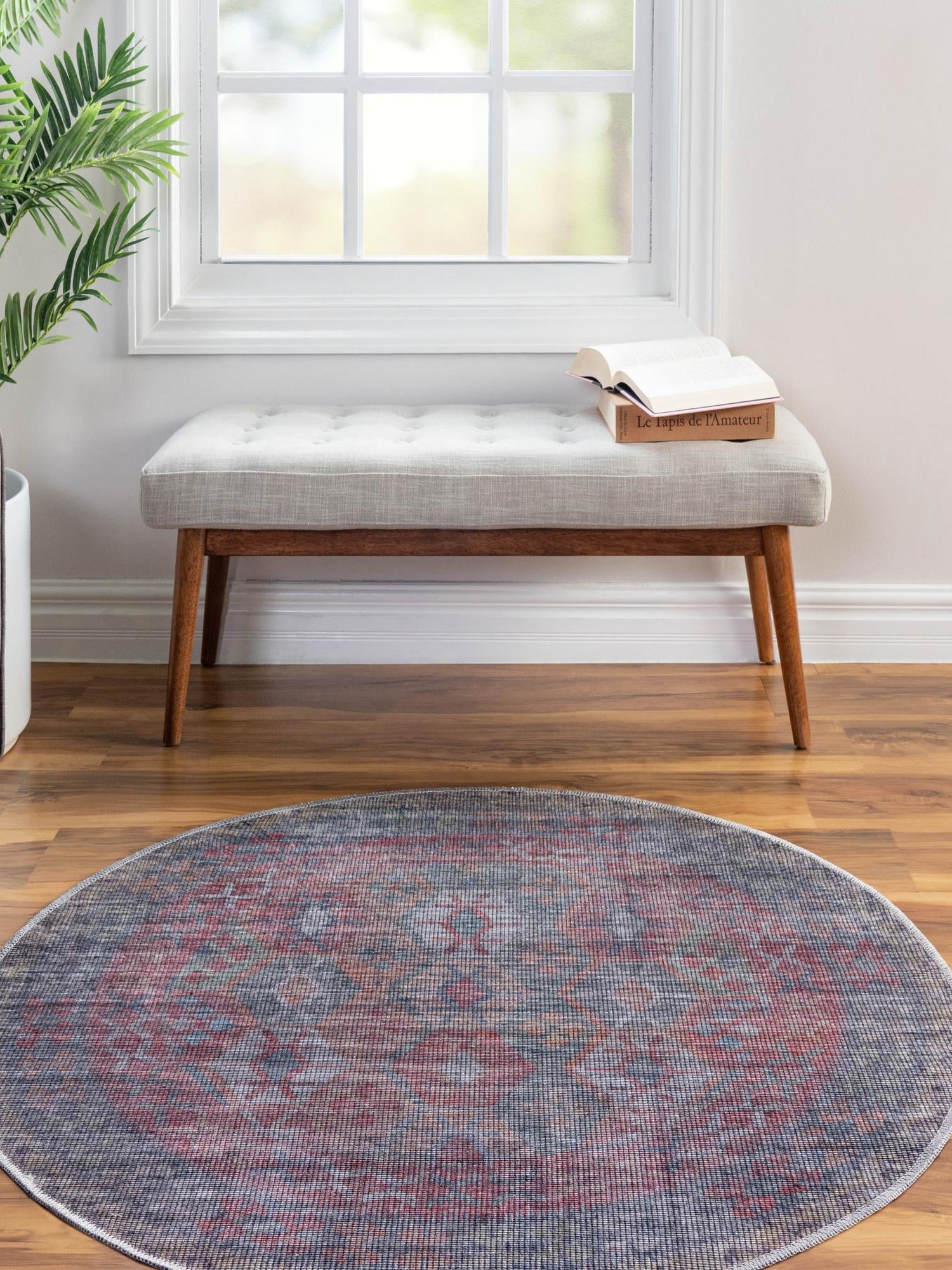 Washable Rust Blue 3' 3 x 3' 3 Sisu Round Area Rug Easy to Clean Stain Resistant & Durable Polyester Chenille Distressed Vintage Look Carpet for Sale at Rug Engine