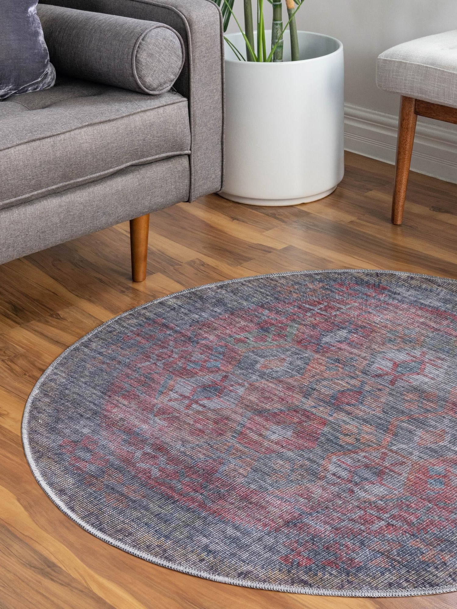 Washable Rust Blue 3' 3 x 3' 3 Sisu Round Area Rug Easy to Clean Stain Resistant & Durable Polyester Chenille Distressed Vintage Look Carpet for Sale at Rug Engine