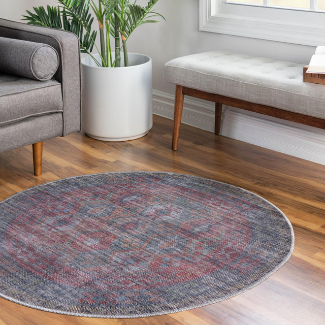 Washable Rust Blue 3' 11 x 3' 11 Sisu Round Area Rug Easy to Clean Stain Resistant & Durable Polyester Chenille Distressed Vintage Look Carpet for Sale at Rug Engine