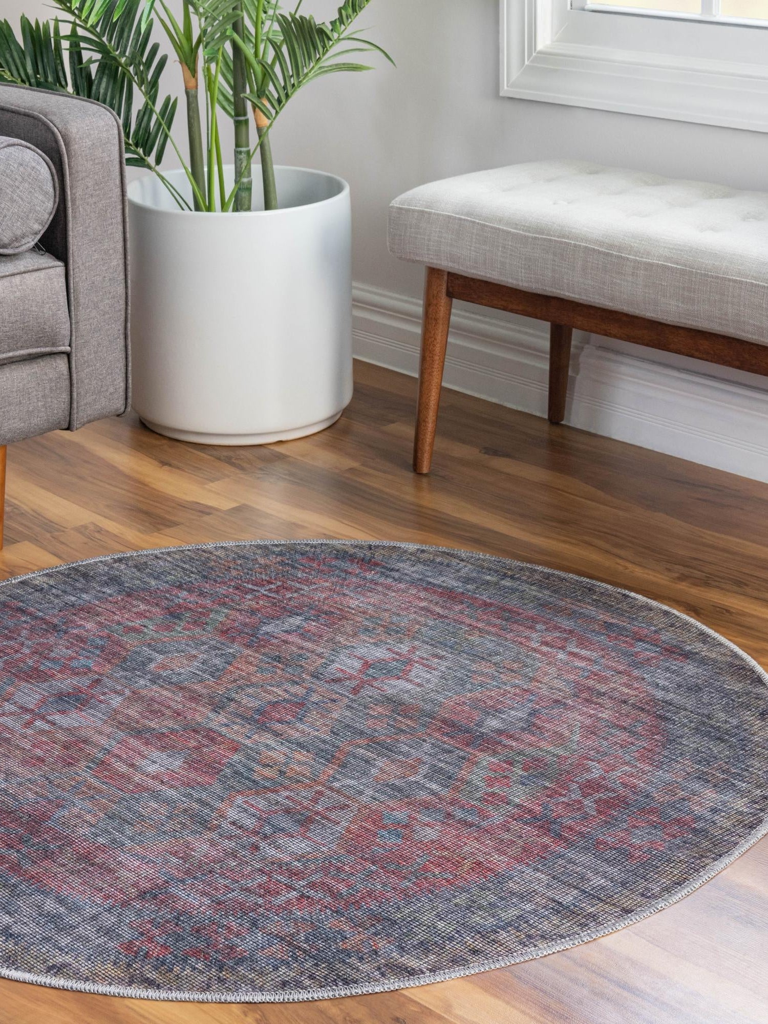 Washable Rust Blue 3' 3 x 3' 3 Sisu Round Area Rug Easy to Clean Stain Resistant & Durable Polyester Chenille Distressed Vintage Look Carpet for Sale at Rug Engine