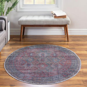 Washable Rust Blue 3' 11 x 3' 11 Sisu Round Area Rug Easy to Clean Stain Resistant & Durable Polyester Chenille Distressed Vintage Look Carpet for Sale at Rug Engine
