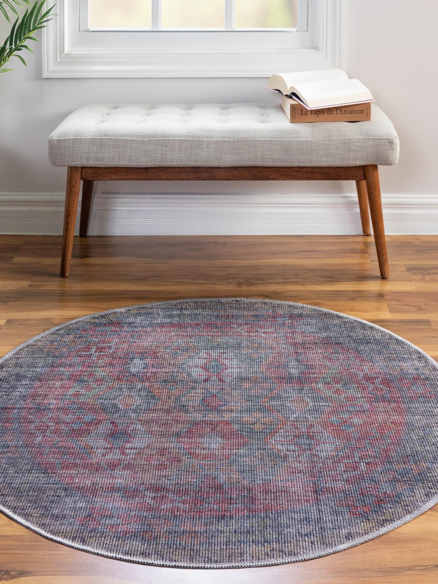 Washable Rust Blue 7' 10 x 7' 10 Sisu Round Area Rug Easy to Clean Stain Resistant & Durable Polyester Chenille Distressed Vintage Look Carpet for Sale at Rug Engine
