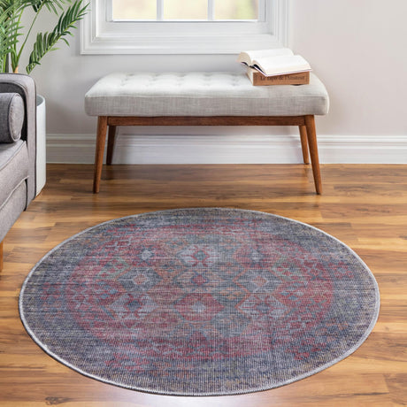 Washable Rust Blue 7' 10 x 7' 10 Sisu Round Area Rug Easy to Clean Stain Resistant & Durable Polyester Chenille Distressed Vintage Look Carpet for Sale at Rug Engine
