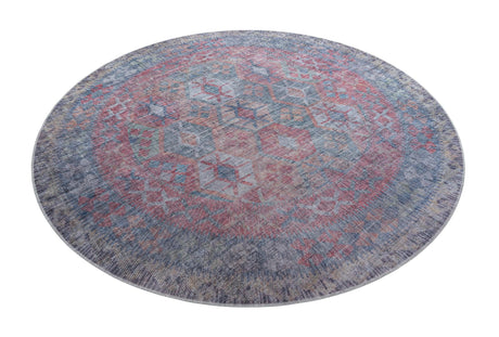 Washable Rust Blue 7' 10 x 7' 10 Sisu Round Area Rug Easy to Clean Stain Resistant & Durable Polyester Chenille Distressed Vintage Look Carpet for Sale at Rug Engine