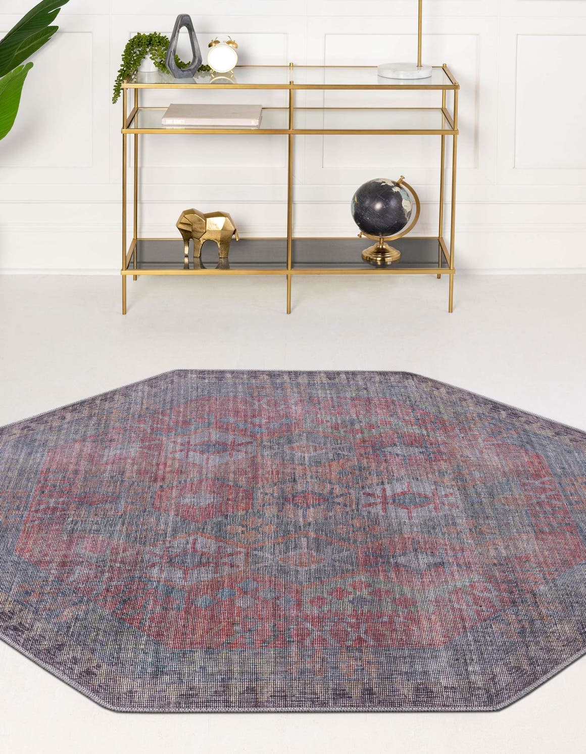 Washable Rust Blue 5' 3 x 5' 3 Sisu Octagon Area Rug Easy to Clean Stain Resistant & Durable Polyester Chenille Distressed Vintage Look Carpet for Sale at Rug Engine