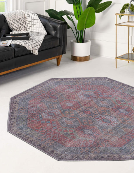 Washable Rust Blue 5' 3 x 5' 3 Sisu Octagon Area Rug Easy to Clean Stain Resistant & Durable Polyester Chenille Distressed Vintage Look Carpet for Sale at Rug Engine