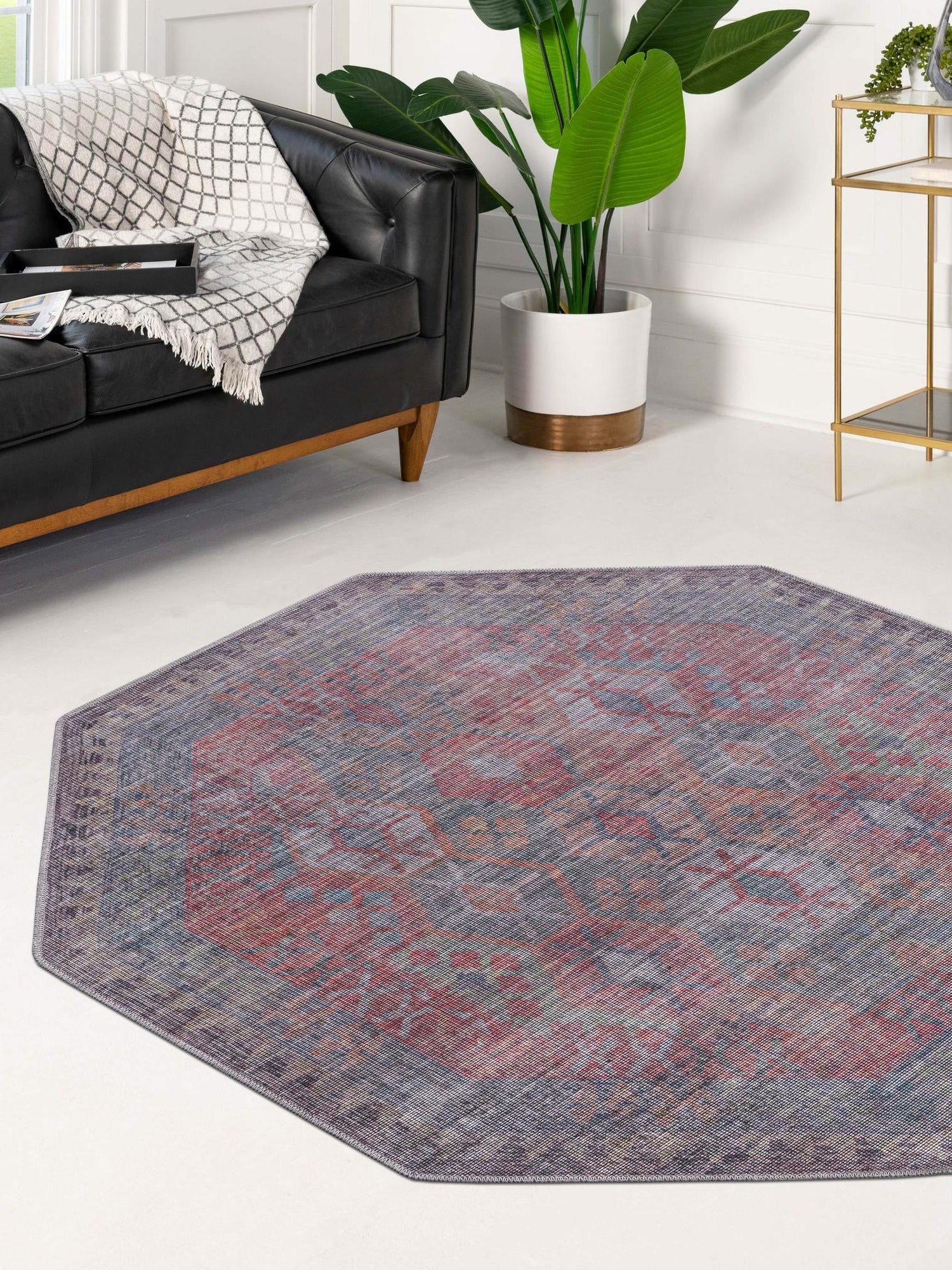 Washable Rust Blue 7' 10 x 7' 10 Sisu Octagon Area Rug Easy to Clean Stain Resistant & Durable Polyester Chenille Distressed Vintage Look Carpet for Sale at Rug Engine