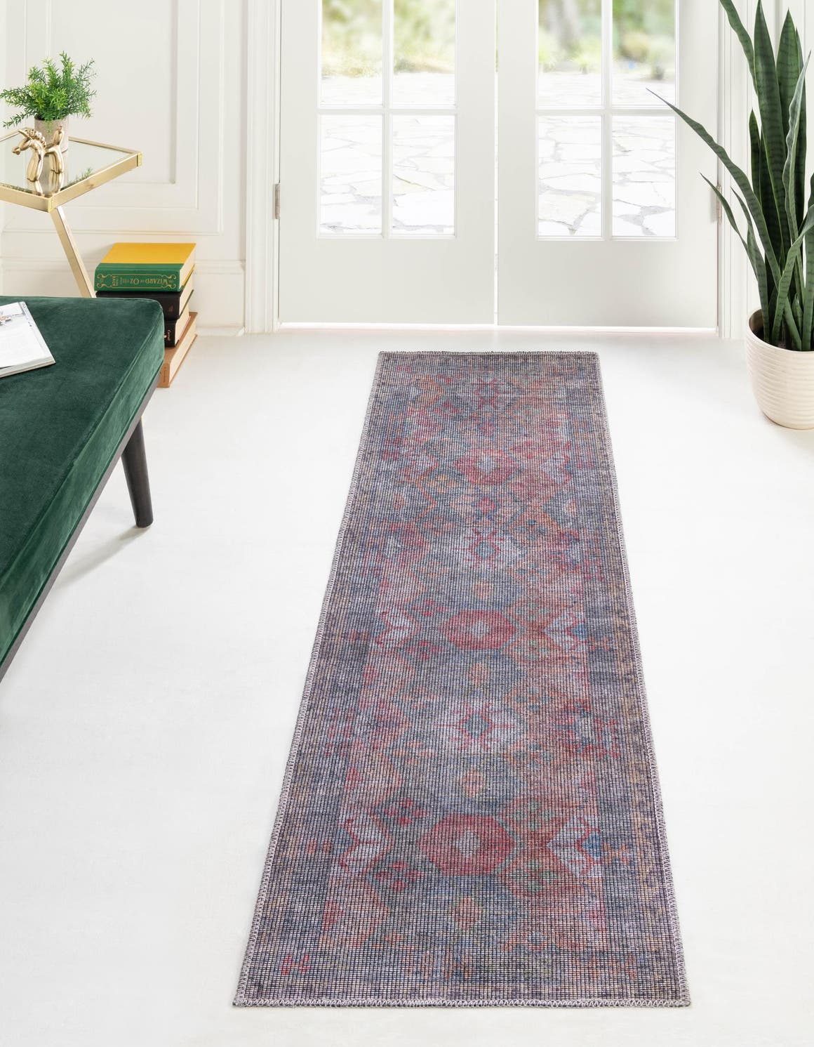 Washable Rust Blue 2' x 10' Sisu Runner Area Rug Easy to Clean Stain Resistant & Durable Polyester Chenille Distressed Vintage Look Carpet for Sale at Rug Engine