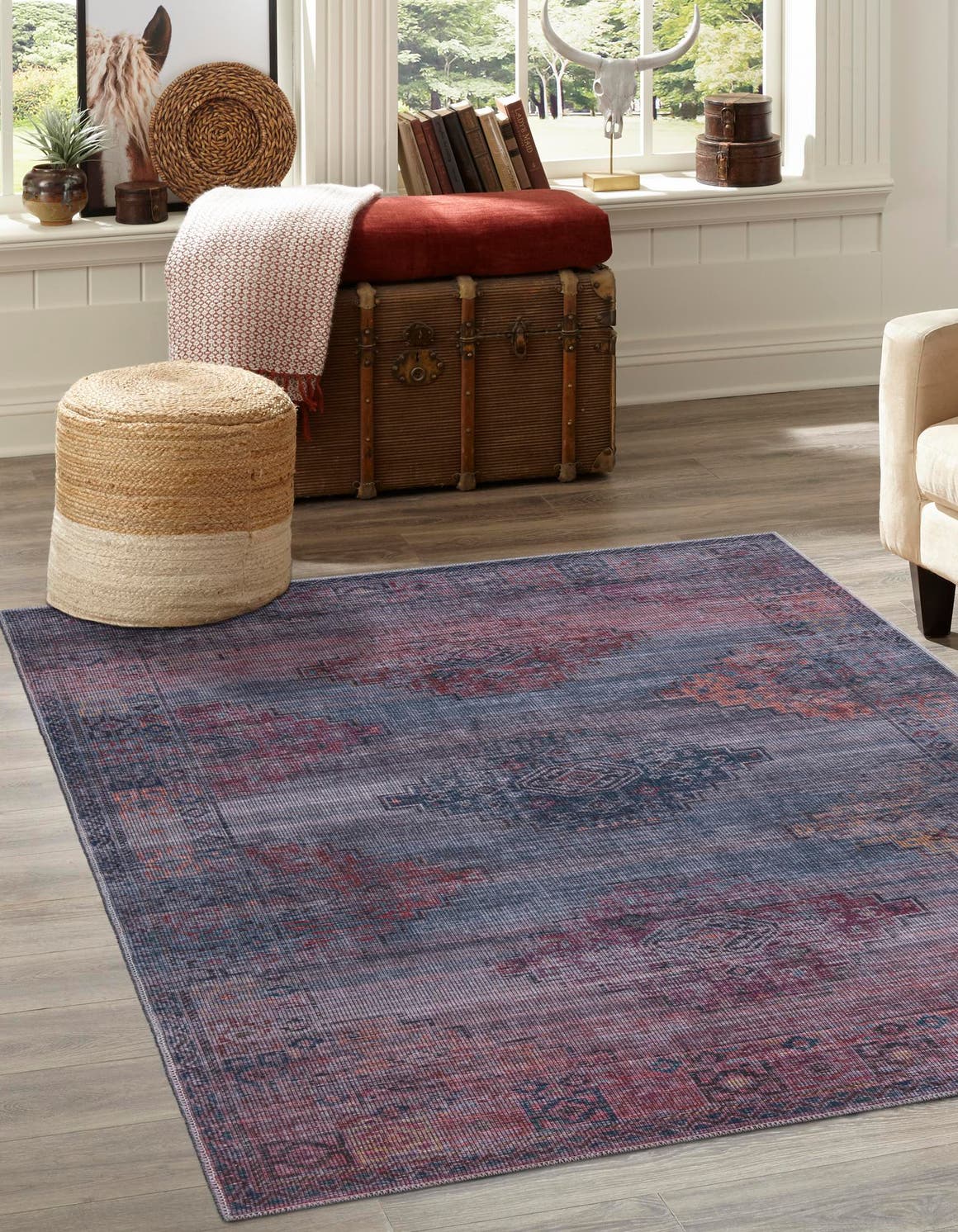 Washable Antique Blue 5' 11 x 9' Sisu Rectangle Area Rug Easy to Clean Stain Resistant & Durable Polyester Chenille Distressed Vintage Look Carpet for Sale at Rug Engine