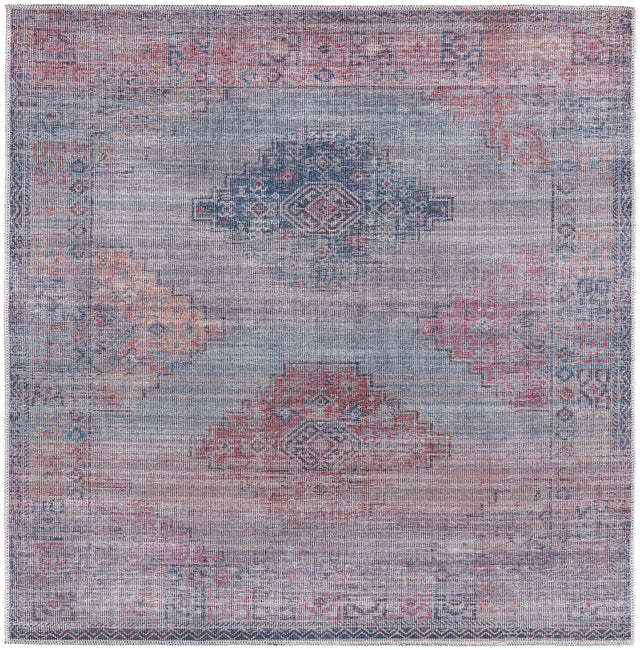 Washable Antique Blue 5' 3 x 5' 3 Sisu Square Area Rug Easy to Clean Stain Resistant & Durable Polyester Chenille Distressed Vintage Look Carpet for Sale at Rug Engine