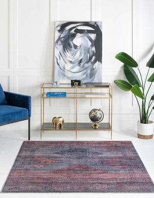 Washable Antique Blue 7' 3 x 7' 3 Sisu Square Area Rug Easy to Clean Stain Resistant & Durable Polyester Chenille Distressed Vintage Look Carpet for Sale at Rug Engine