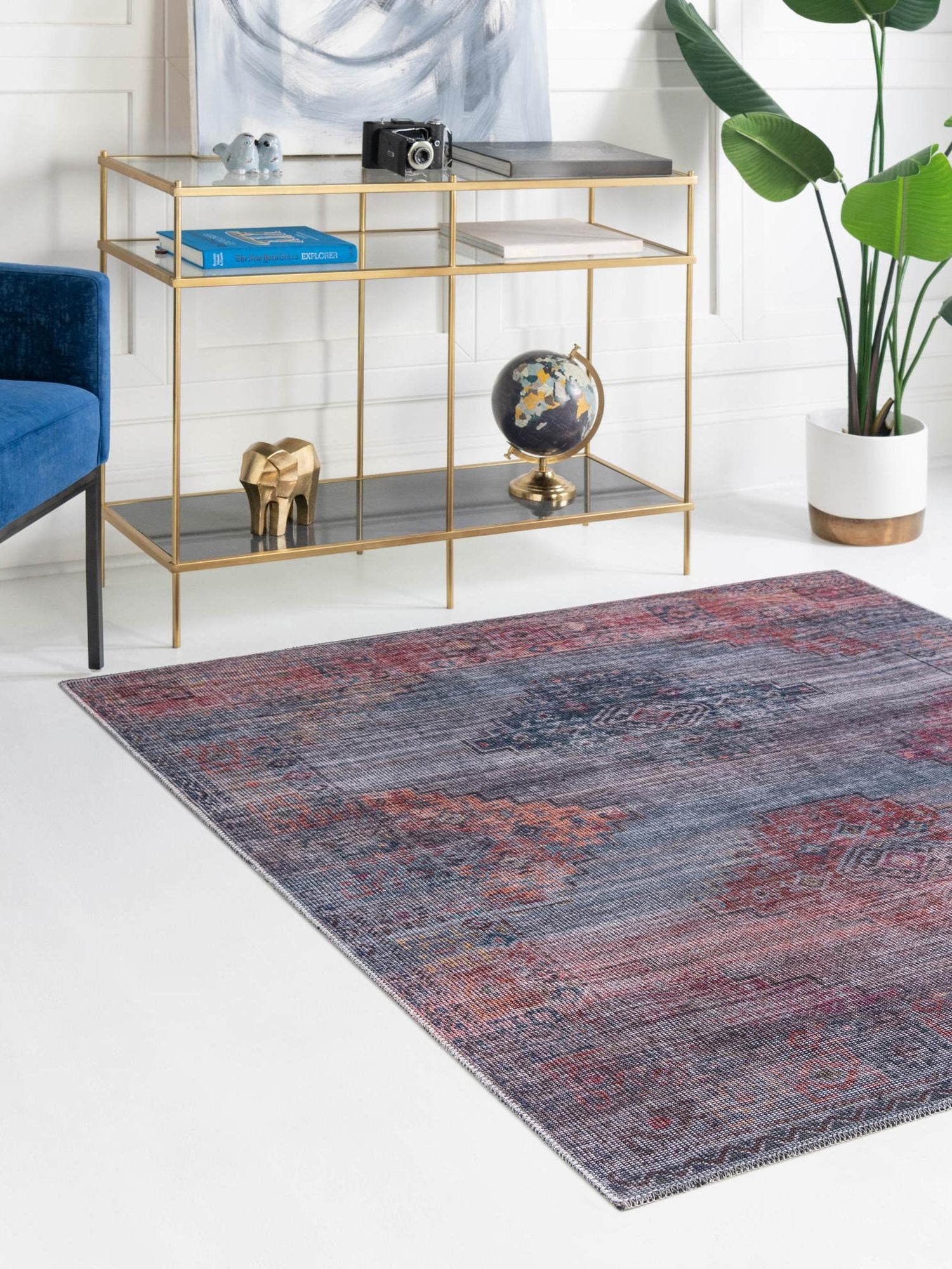 Washable Antique Blue 7' 3 x 7' 3 Sisu Square Area Rug Easy to Clean Stain Resistant & Durable Polyester Chenille Distressed Vintage Look Carpet for Sale at Rug Engine