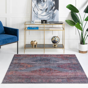 Washable Antique Blue 5' 3 x 5' 3 Sisu Square Area Rug Easy to Clean Stain Resistant & Durable Polyester Chenille Distressed Vintage Look Carpet for Sale at Rug Engine