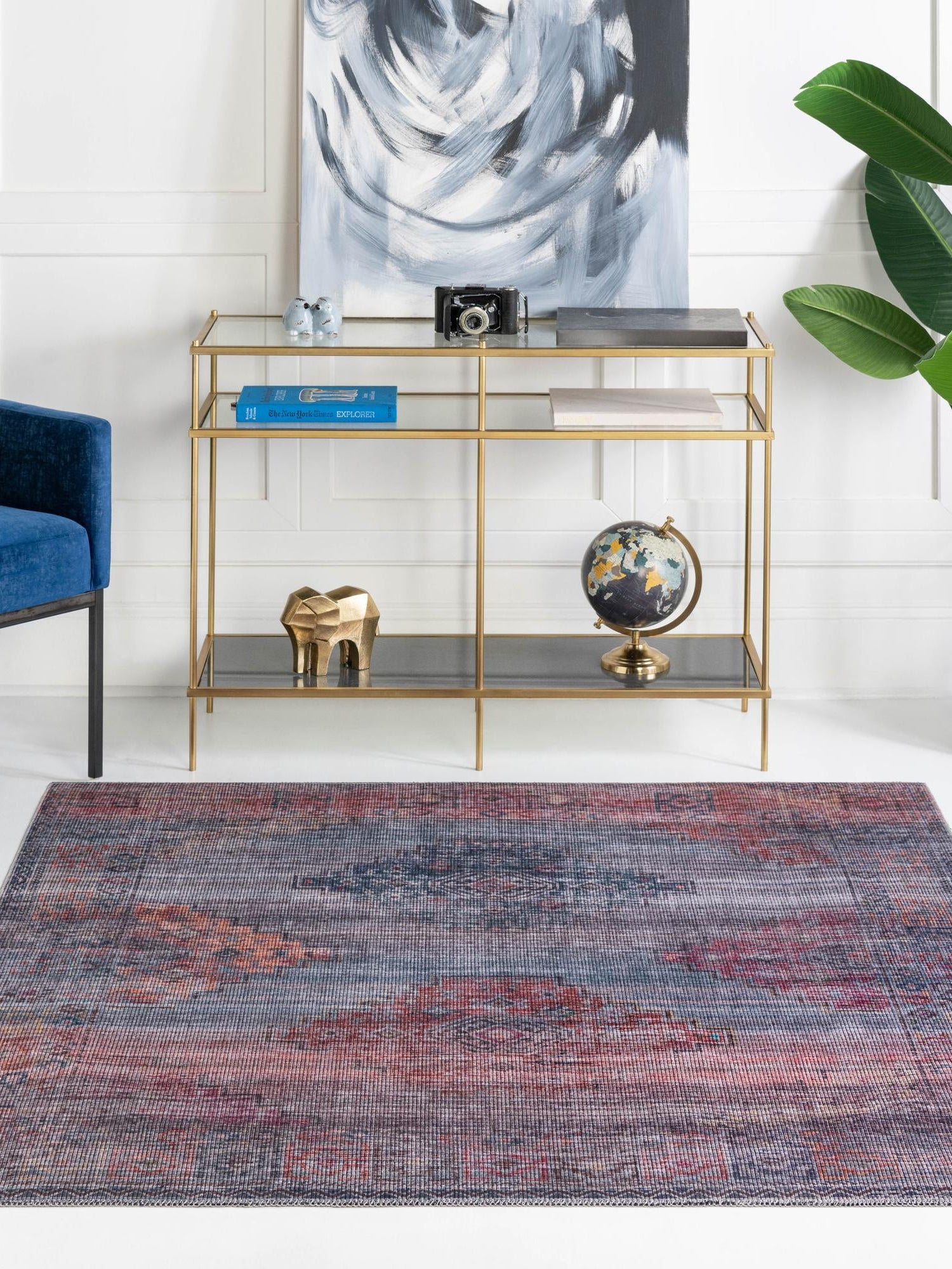 Washable Antique Blue 7' 3 x 7' 3 Sisu Square Area Rug Easy to Clean Stain Resistant & Durable Polyester Chenille Distressed Vintage Look Carpet for Sale at Rug Engine
