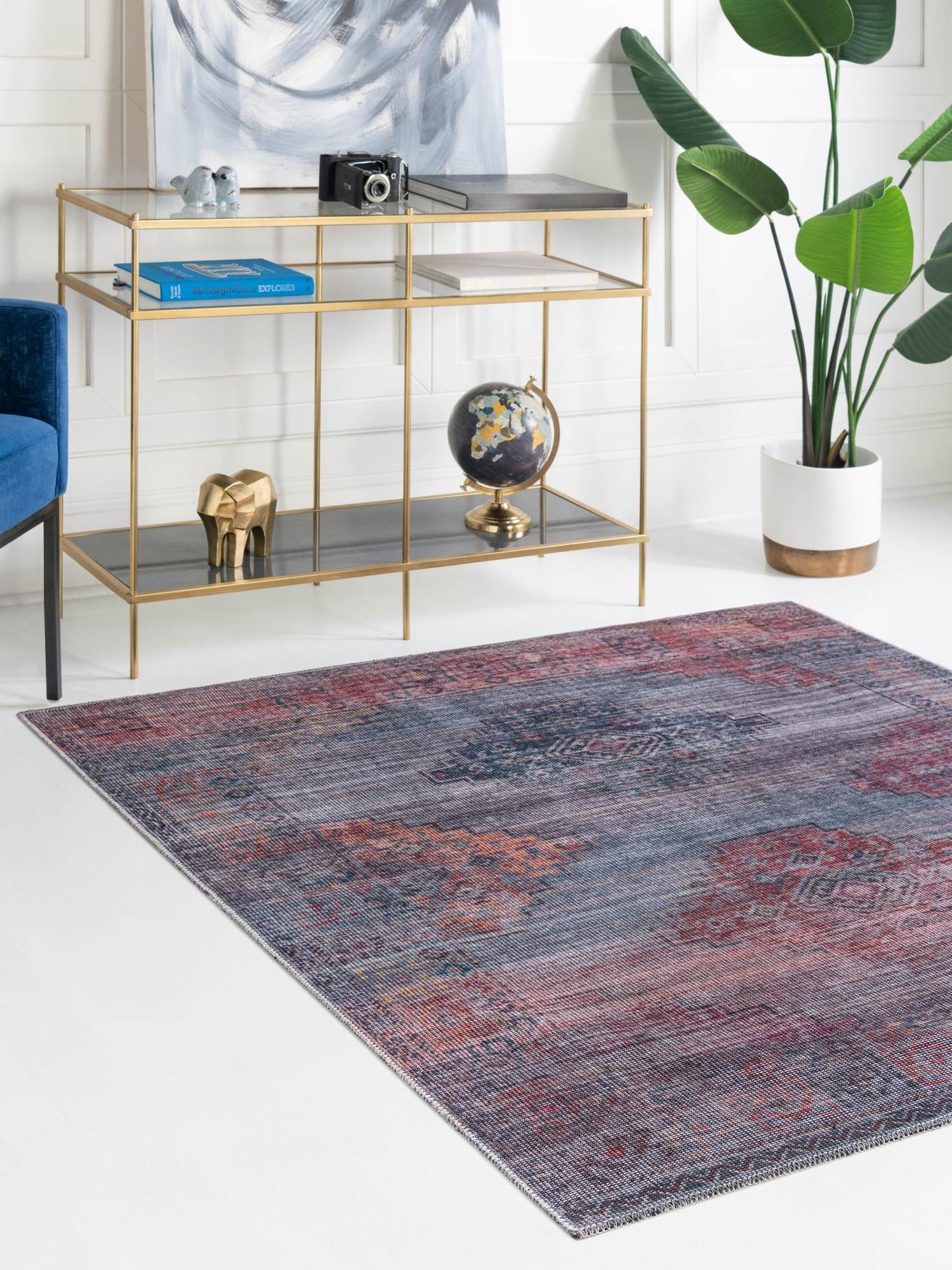 Washable Antique Blue 7' 3 x 7' 3 Sisu Square Area Rug Easy to Clean Stain Resistant & Durable Polyester Chenille Distressed Vintage Look Carpet for Sale at Rug Engine