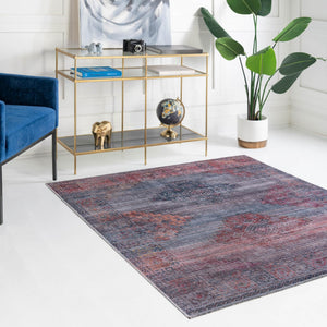 Washable Antique Blue 7' 3 x 7' 3 Sisu Square Area Rug Easy to Clean Stain Resistant & Durable Polyester Chenille Distressed Vintage Look Carpet for Sale at Rug Engine