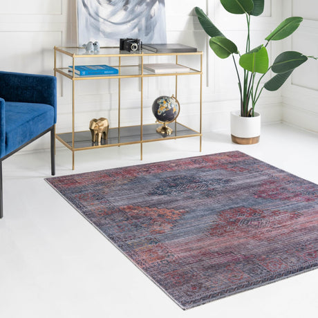 Washable Antique Blue 7' 3 x 7' 3 Sisu Square Area Rug Easy to Clean Stain Resistant & Durable Polyester Chenille Distressed Vintage Look Carpet for Sale at Rug Engine