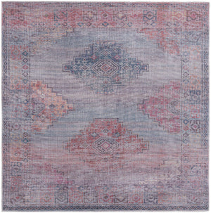 Washable Antique Blue 7' 10 x 7' 10 Sisu Square Area Rug Easy to Clean Stain Resistant & Durable Polyester Chenille Distressed Vintage Look Carpet for Sale at Rug Engine