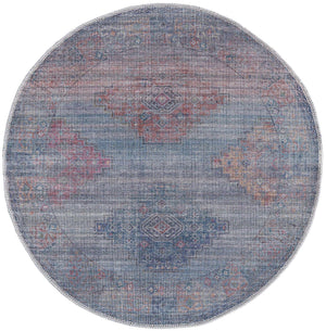 Washable Antique Blue 3' 3 x 3' 3 Sisu Round Area Rug Easy to Clean Stain Resistant & Durable Polyester Chenille Distressed Vintage Look Carpet for Sale at Rug Engine