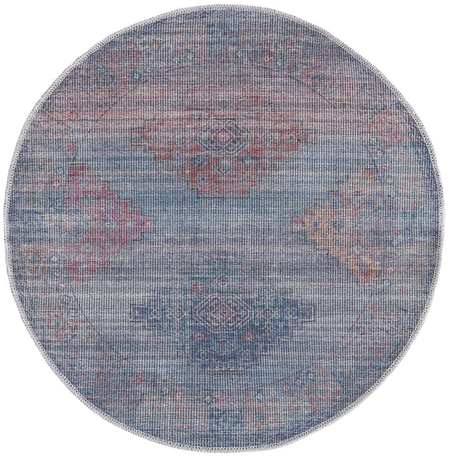 Washable Antique Blue 3' 3 x 3' 3 Sisu Round Area Rug Easy to Clean Stain Resistant & Durable Polyester Chenille Distressed Vintage Look Carpet for Sale at Rug Engine