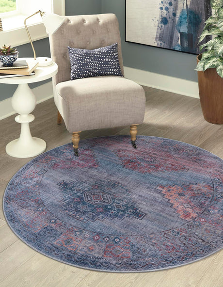 Washable Antique Blue 3' 3 x 3' 3 Sisu Round Area Rug Easy to Clean Stain Resistant & Durable Polyester Chenille Distressed Vintage Look Carpet for Sale at Rug Engine