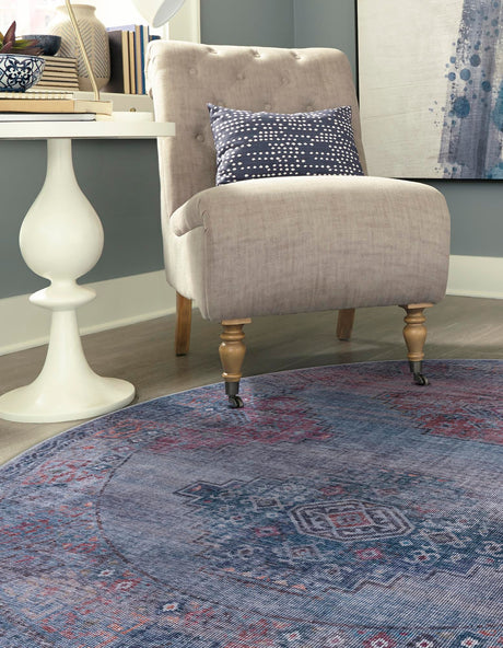 Washable Antique Blue 3' 11 x 3' 11 Sisu Round Area Rug Easy to Clean Stain Resistant & Durable Polyester Chenille Distressed Vintage Look Carpet for Sale at Rug Engine