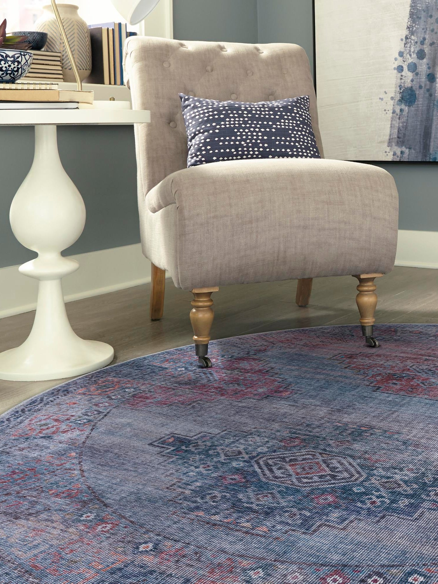 Washable Antique Blue 3' 3 x 3' 3 Sisu Round Area Rug Easy to Clean Stain Resistant & Durable Polyester Chenille Distressed Vintage Look Carpet for Sale at Rug Engine